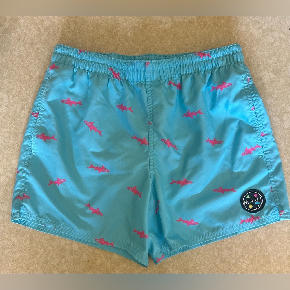Maui And Sons Swim Shorts with Shark Print, Elastic Waistband Teal Pink Men’s M